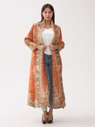 Women's Jackets Miyake Pleated Vintage Printed Turn-down Collar Long Sleeve Long Jacket Women Spring Summer Dubai Style Plus Size Coats 230915