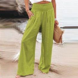 Women's Pants Women Wide Leg Trousers Summer Casual Pleated Cotton Linen Straight Ladies High Elastic Waist Loose Fit Daily Vacation