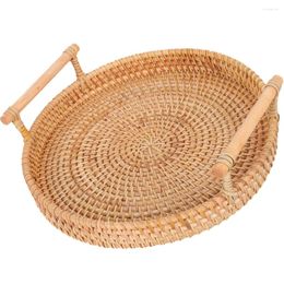 Dinnerware Sets Rattan Round Tray Basket Woven Serving Handles Binaural Wicker Coffee Table