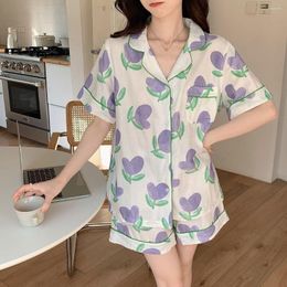 Women's Sleepwear Pajama Sets Women Purple Summer Print Korean Style Pajamas Lovely Fashion Harajuku Short Sleeve Breathable Sweet Girl