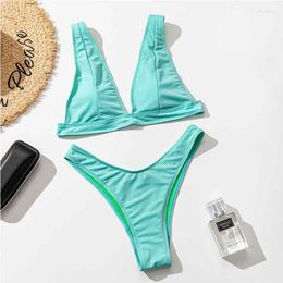 Women's Swimwear 2023 Summer Solid Color Sexy High Waist Gathered Bikini Suit Swimsuit Two-piece