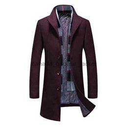 Women's Wool Blends 2022 Fashion Men's Winter Wool Coat Middle Long Scarf Collar Cotton-padded Thick Warm Woollen Coat Jacket Male Trench OvercoatL230918