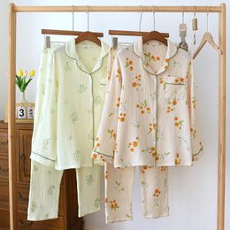Women's Sleepwear 2023 Japanese Spring And Autumn Pyjama Set Cotton Crepe Fresh Sweet Long Sleeve Pants Two Piece Home Suit
