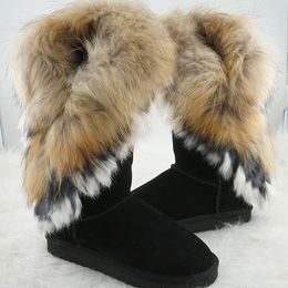 Boots Fashion Real Fur Cow Suede Leather Woman Winter Snow for Women Shoes Rabbit Tassels High Quality Black 230918