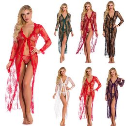 Sexy Long Sleeves Open-front Dress Robe Lingerie for Women Long Lace and Mesh Dress Sheer Gown See Through Kimono Robe Plus S-4XL 277W