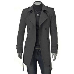 Autumn Winter Mens Long Pea Coat Men's Wool Coat Turn Down Collar Double Breasted Men Trench Coat M-XXXL297F