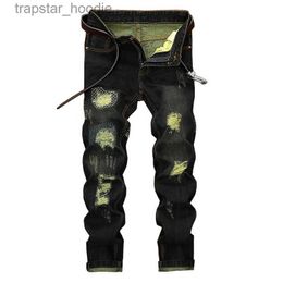 Men's Jeans Unique Mens Distressed Ripped Straight Leg Jeans Fashion Designer Retro Washed Embroidery Bleached Streetwear Black Denim Pants JB164 L230918