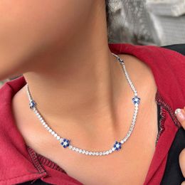 Chains ThreeGraces Fashion Blue Cubic Zirconia Crystal Charm Flower CZ Tennis Chain Necklace For Women Elegant Party Jewelry PN202