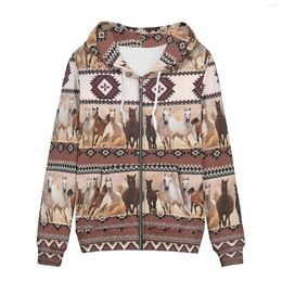 Women's Hoodies Aztec Horse Retro Striped Splicing 3D Printed Pockets Coats Zip Up Hoodie Harajuku Long Sleeve Streetwear Men Clothing