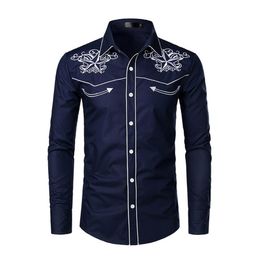 Stylish Western Cowboy Shirt Men Brand Design Embroidery Slim Fit Casual Long Sleeve Shirts Mens Wedding Party Shirt for Male3154