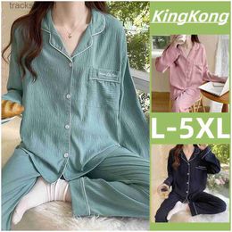 Women's Sleepwear L-5XL Solid Colour Pyjamas Women Cotton Plus size Sleepwear Woman Autumn Lady Long sleeve Plain Loose Pyjamas Set Simple style L230918