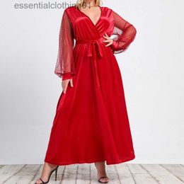 Basic Casual Dresses Elegant Fashion Women Evening Party Dress Sexy Mesh Long Sleeve V-neck Slim Waist Maxi Plus Size Dress Red Vestido 3xl 4xl Robe L230918