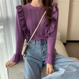 Women's Sweaters Woman Solid Round Neck Jumper Femme Spring Ruffles Sweater Flare Long Sleeve Knitted Pullovers