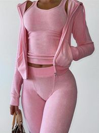 Women's Two Piece Pants Autumn Pink 3 Three Sets Tracksuit Women Outfit 2023 Long Sleeve Zip Up Hooded Crop Top Skinny Matching