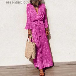 Basic Casual Dresses New Casual Pleated Robe Dress for Women Elegant Floral Print Lace Up Bohemian Dress Fall Fashion Lady Deep V Long Sleeved Dress L230918