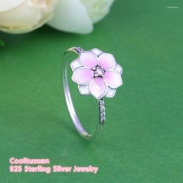 Cluster Rings Spring Pale Cerise Enamel & Pink CZ Magnolia Bloom Ring 925 Sterling Silver Flower Engagement Jewellery For Women Girls