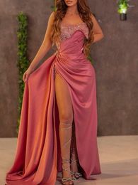 Casual Kleider Sexy Rosa Glänzendes Kleid Frauen Elegante Bandeau Bandage Midi Party Prom Schlitz Fashion Solid Herbst Unregelmäßige 2023