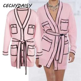 Pink Long Sweater Cardigans Runway Fashion V-Neck Long Sleeve Pocket Elegant Christmas Clothes With Sashes Knitted Outwear 210714295S