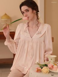 Women's Sleepwear French Silk Pyjama Loungewear Lapel With Floral Print Long Sleeve Ruffles Two-piece Set Princess Sweet Home Clothes
