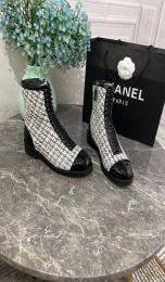 Chanells Ankle Laceups Chanellies Ribbon Woman Chaannel Belt Buckle Shoes Velvet Boots Factory Direct Female Rough Heel Round Head