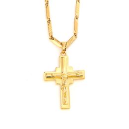 Men's Cross Pendant 18 k Solid Fine Yellow Gold GF Charms Lines Necklace Christian Jewelry Factory God gift330Z