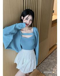 Women's Knits Cardigan Jacket Long Dolman Sleeve Irregular Strap V-neck Sleeveless Backless Blue Slimming Fit Top Two-piece Set Outfit