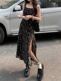 Basic Casual Dresses Deeptown Y2k Vintage Black Floral Dress Women Korean Style Mesh Irregular Split One Piece Slip Long Chiffon Fairy Dresses Summer L230918