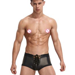 3 Colours Fashion Low Rise Men Boxer Shorts Tight Faux Leather Shorts Drawstring Elastic Waist Briefs Sexy Metallic Night Clubwear2447