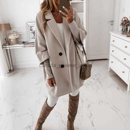 Women's Wool Blends 2020 Women Long Woollen Autumn Winter Coat Jacket Three Quarter Sleeve Loose Coat High Street Ofiice Ladies Long JacketL230918