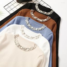 Women's Sweaters Autumn Winter Bead Pullover Sweater O Neck Full Sleeve Solid Colour Loose Knitwear Tops