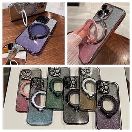 Magnetic Wireless Charging Holder Cases For Iphone 15 Plus 14 13 Pro Max 12 11 Fashion Bling Glitter Chromed Soft TPU Magnet Kickstand Mobile Phone Back Cover Skin