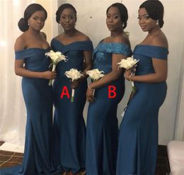 Teal Mermaid Bridesmaid Dresses 2023 Off Shoulder Sweep Train Appliques Garden Country Wedding Guest Gowns Maid of Honour Dress Plus Size
