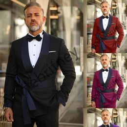 Men's Suits Latest Designed Mens Suit For Wedding With Belt Formal 2 Piece Costume Made High-end Satin Lapel Coat Pant Set Custom