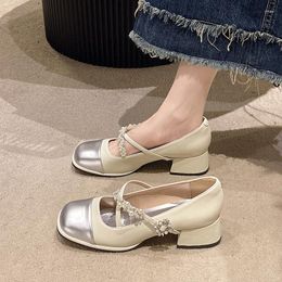 Dress Shoes Summer Color Matching Pearl Decoration Cross Strap Fashion Ladies Elegant Round Toe Square Heel Casual Party High Heels