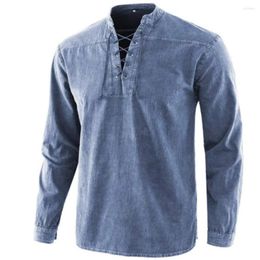 Men's T Shirts Men Vintage Stand Collar Lace Up Long Sleeve V Neck Slim Shirt Streetwear Casual Tops Tees Victorian