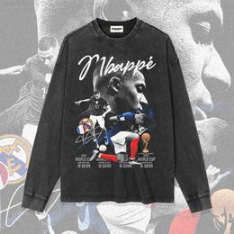 New French Mbappe World Cup star printed American long sleeved T-shirt for men and women's worn-out pure cotton trendy football top