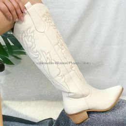 Boots 2023 Spring New Western Women Knight Retro Knee High Long Booties Pointed Toe Cowboy Shoes Woman Heels Footwear 230914