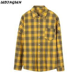 LEDINGSEN Brand Men Shirt Casual Cotton Loose Long Sleeve Yellow Plaid For camiseta hombre Streetwear Size 2XL311Q