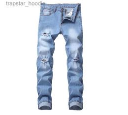 Men's Jeans Fashion Men Distressed Ripped Light Blue Jeans Brand Designer Washed Slim Fit Straight leg Streetwear Denim Pants TX L230918
