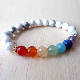 SN1122 Chakra Rainbow Bracelet Howlite Turquoise Bracelet Mala Bead Bracelet Womens Gemstone Bracelet Gift for Mom259l