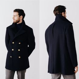 Men's Trench Coat Slim Fit Double Breasted Navy Blue Long Jacket Casual Windproof Overcoat Wedding Tuxedos Only One Piece