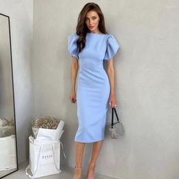 Casual Dresses 2023 Elegant Dress Women Summer Vintage Midi In Streetwear Fashion Blue Short Sleeve Office Lady Knee-length