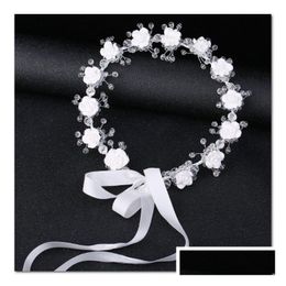 Hair Accessories Bridal Crystal White Flower Crown Girls Stereo Flowers Ribbon Bows Princess Wreath Childrens Day Party Garland Access Dh8Kt