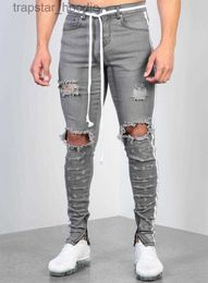 Men's Jeans Mens Ripped Ribbon Grey Skinny Jeans Fashion Designer Hi-Street Distressed Denim Joggers Knee Holes Washed Destroyed Slim Fit Pants L0023 L230918