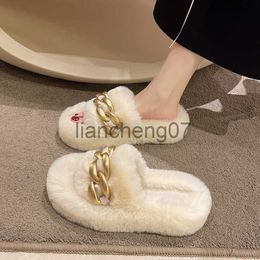 Slippers 2022 Muffin Thick Soled Woolen Slippers for Women Wearing Fashionable Versatile Medium Heel Net Red One Word Metal Chain Shoes x0916