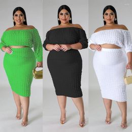 Work Dresses Puff Fabric Women Slash Neck Skirt Suit Plus Size Two Pieces Set Long Sleeves T Shirt High Waist Bodycon Casual