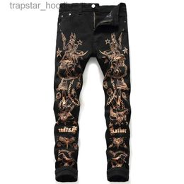 Men's Jeans Unique Mens Skinny gold stamp Black Jeans Fashion Designer Doodle Slim Fit Moto Biker Hip Hop Denim Pants Streetwear Trousers 5649 L230918