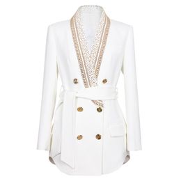 New Designer Women Blazers Coats V Neck Double Breasted Suit Jacket with Sashes Female Fashion Beading Slim Lady Business Blazer Clothing