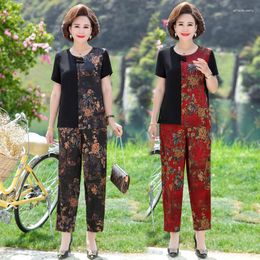 Women's Tracksuits Summer Women Sets 2 Pieces Emulation Silk Clothing Set 2023 Middle Aged Mother Floral Printed T-shirt Tops Pants