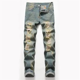 Big Size Mens Classic Straight Leg Ripped Jeans Fashion Designer Slim Fit Washed Solid Hole Biker Hip Hop Retro Blue Denim Pants J327n